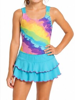 Girls Size S Rainbow One Piece Swimsuit & Blue Ruffle Swim Skirt.